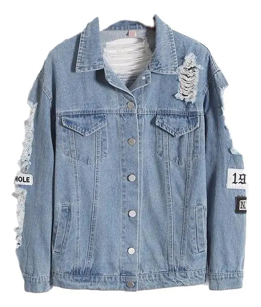 "Trendy Denim Jacket with Letter Patch and Rips"