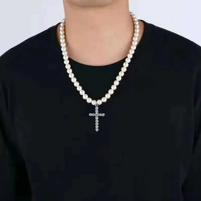Men's Retro Imitation Pearl Rhinestone Cross Necklace