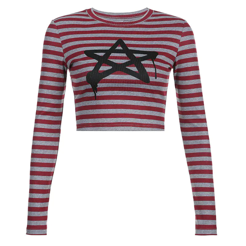 Striped Pentagram Slim Fit Long Sleeve Crewneck T-Shirt