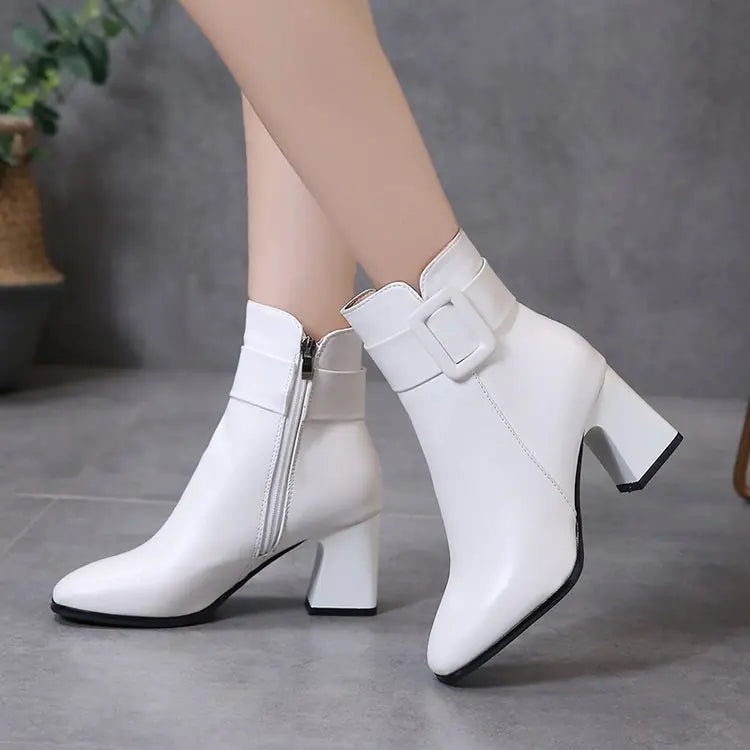 Fashion White Martin Boots with Thick Heel and Belt Buckle