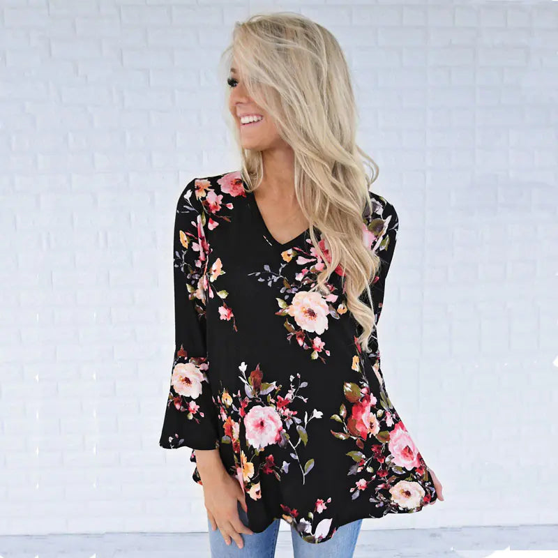 V-Neck Long Sleeve Printed T-Shirt for Autumn