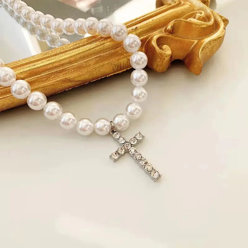 Men's Retro Imitation Pearl Rhinestone Cross Necklace