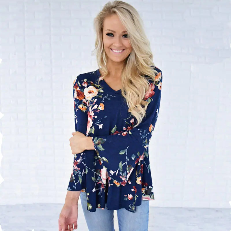 V-Neck Long Sleeve Printed T-Shirt for Autumn