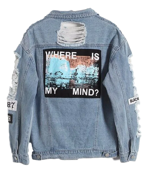 "Trendy Denim Jacket with Letter Patch and Rips"