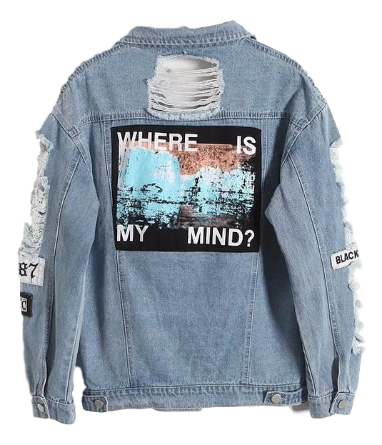 "Trendy Denim Jacket with Letter Patch and Rips"