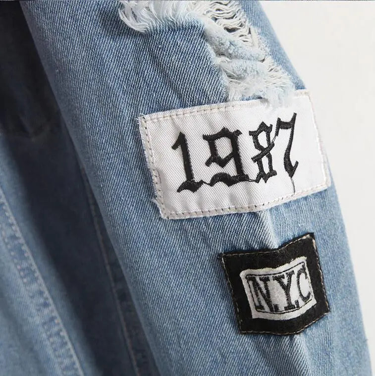 "Trendy Denim Jacket with Letter Patch and Rips"